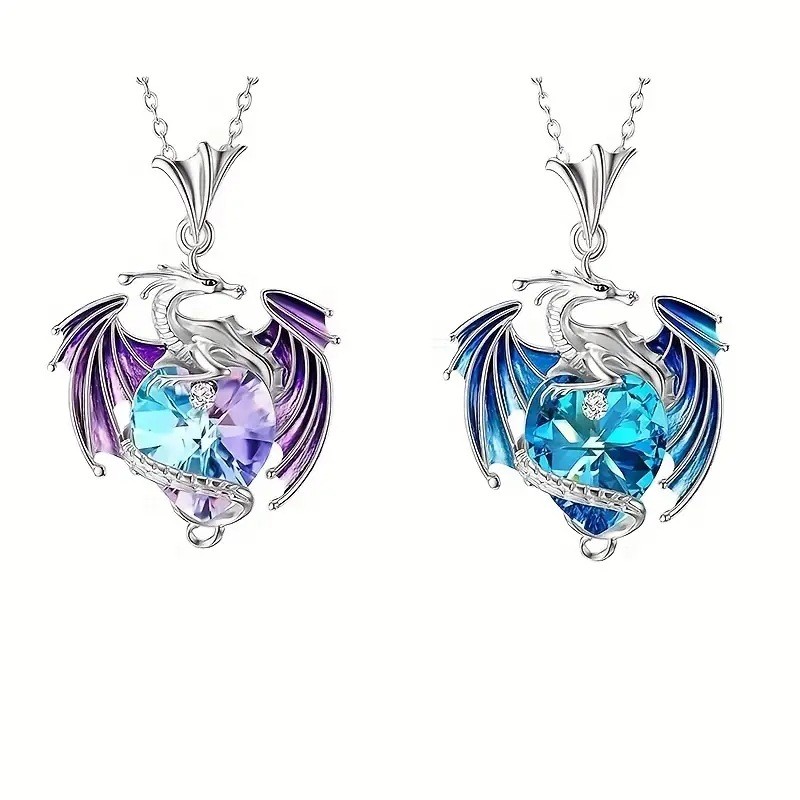 Blue Crystal – Silver Tone Chain – Dragon Necklace Pendant