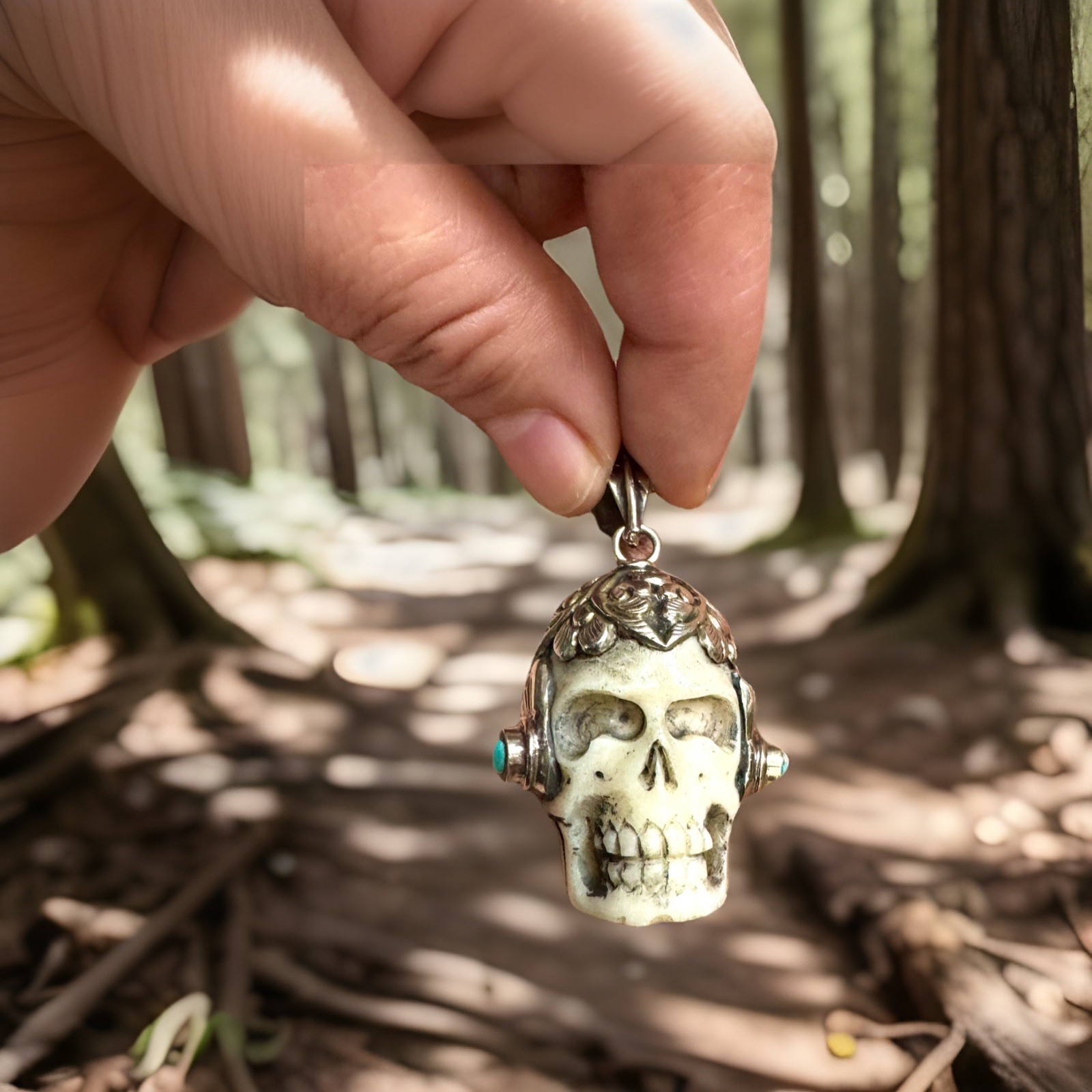 Handcrafted Bone Skull Pendant,Set in Tibetan Silver & Turquoise.2”inch & 27gram