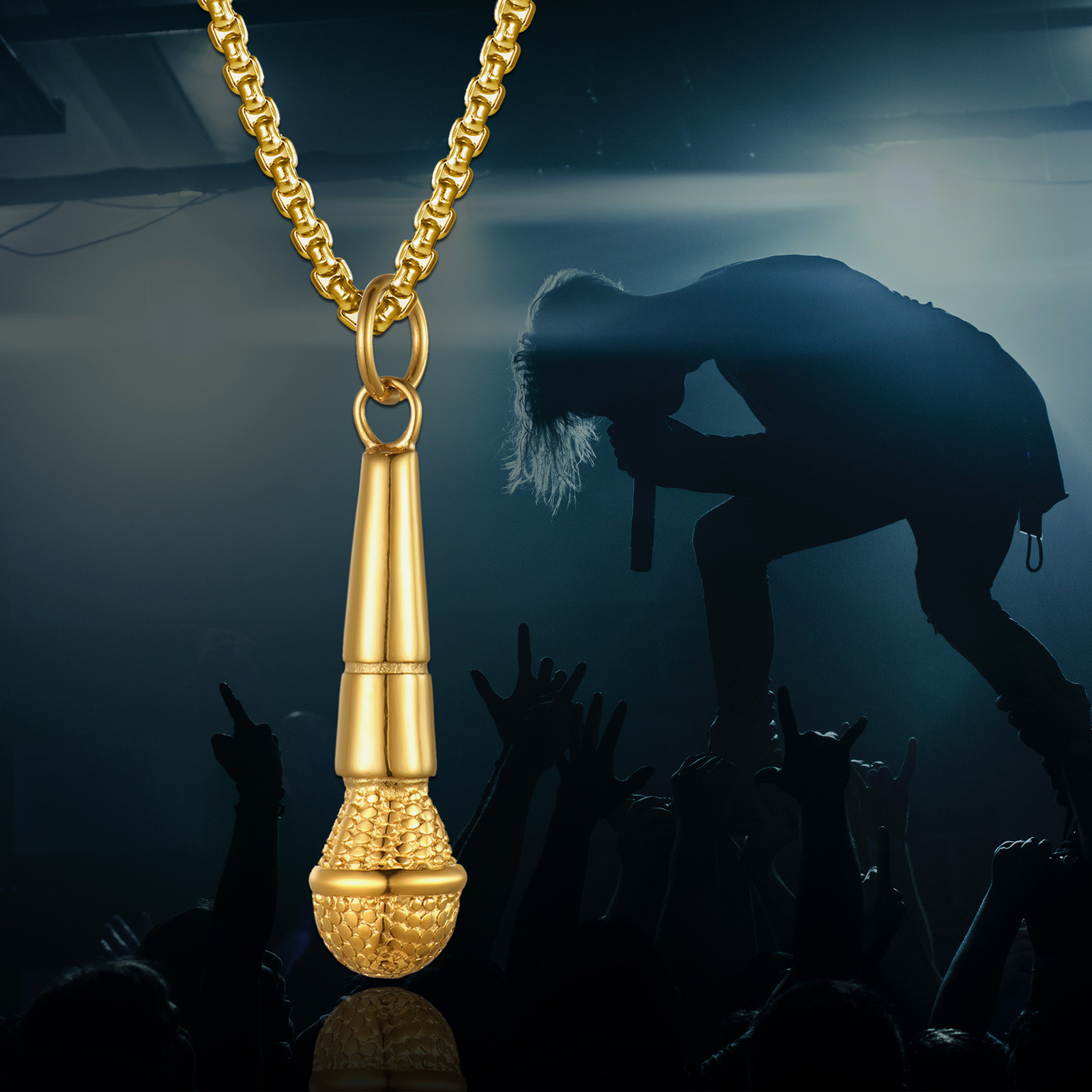 Punk Rock Mens Stainless Steel Microphone Pendant Music Lover Necklace 22″