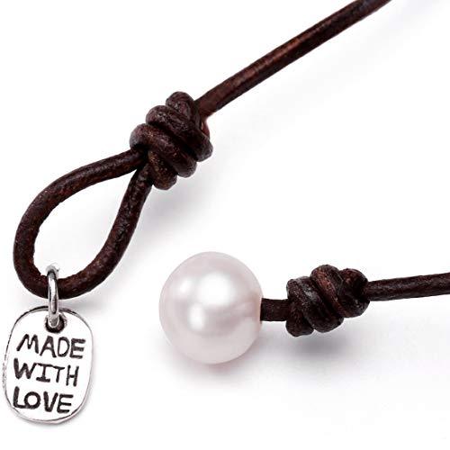 Single Cultured Freshwater Pearl Choker Necklace -Genuine Black or Brown Leather