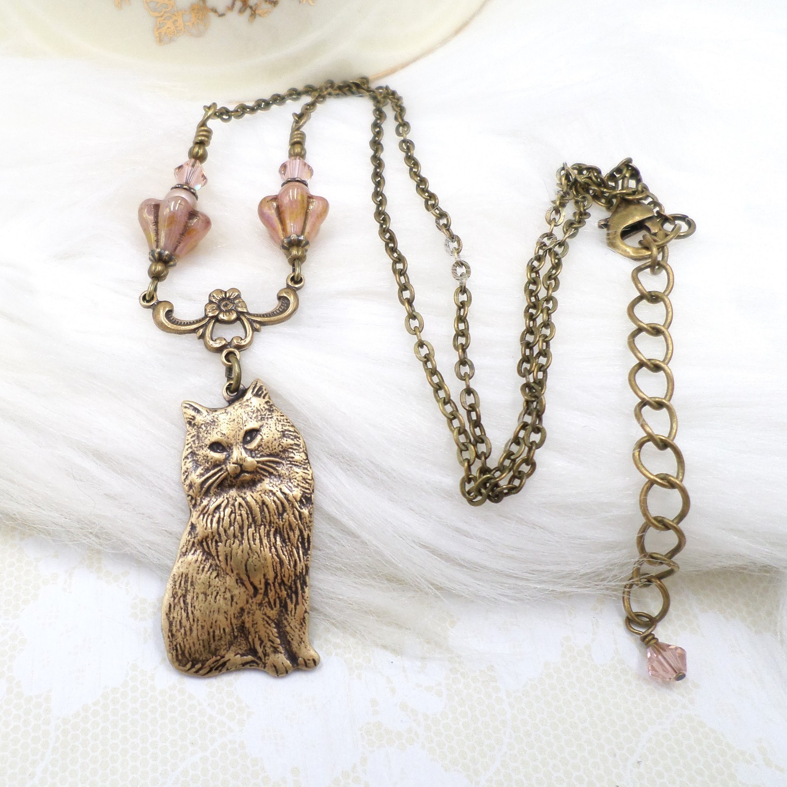 Vintage Style Cat Necklace with Pink Czech Glass Flowers, Antique Brass Handmade
