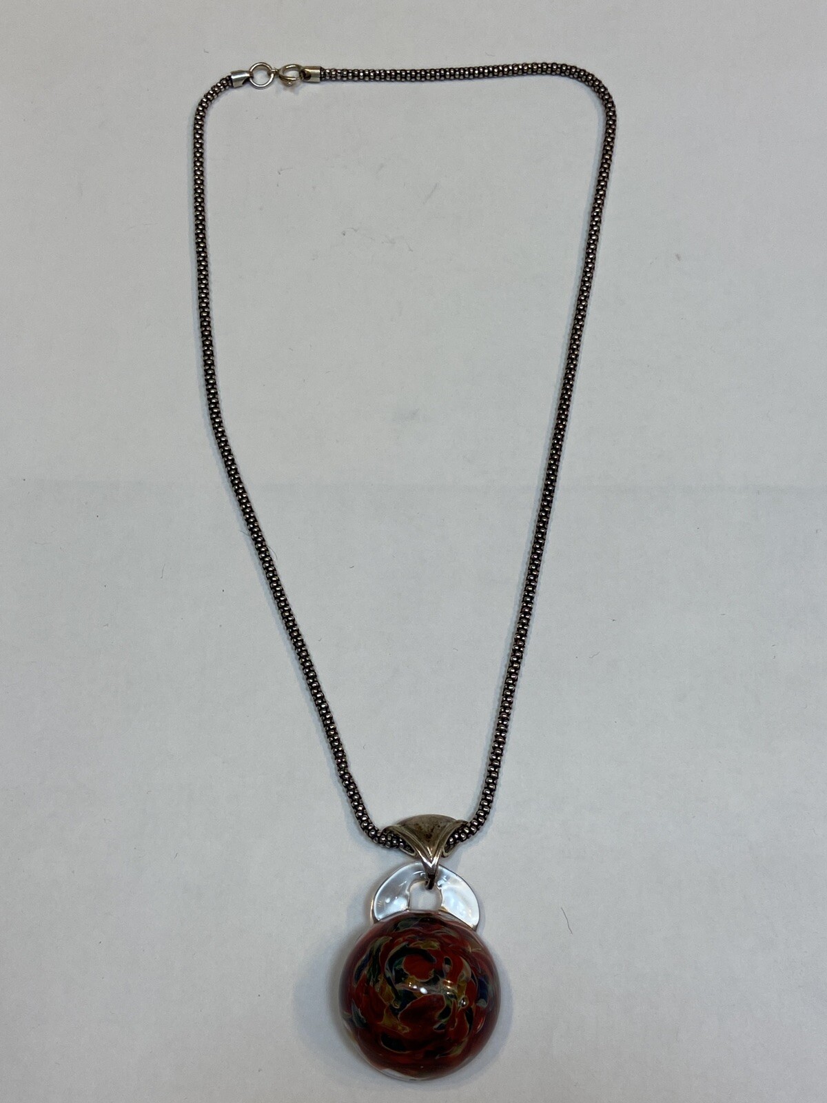 Necklace Blown Glass Pendant Large Fashion Jewelry Ladies 20″ Long Silver Metal
