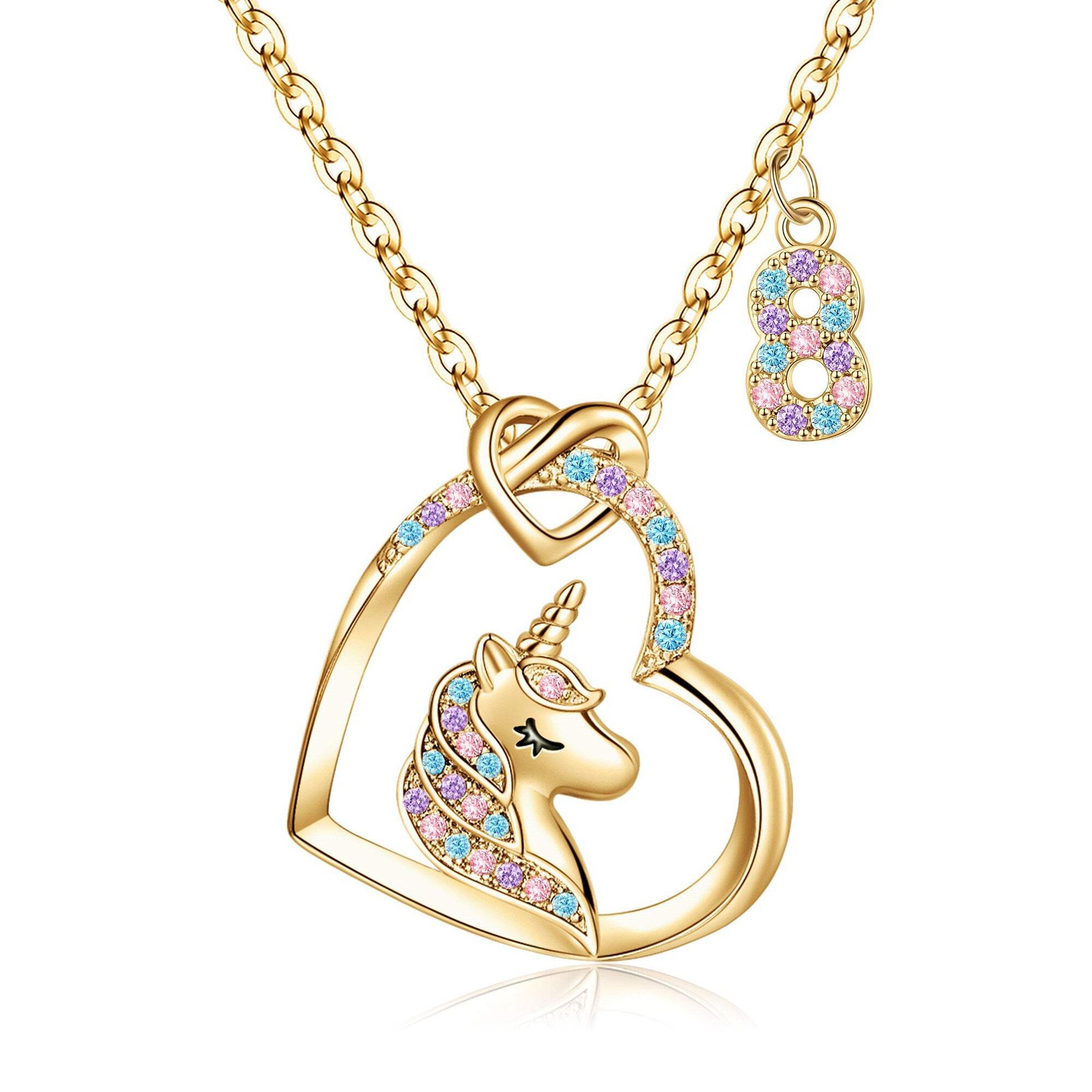 Turandoss Gold Heart Zircon Unicorn Necklace for Kids 3-8 Year Old, 18+2.5In
