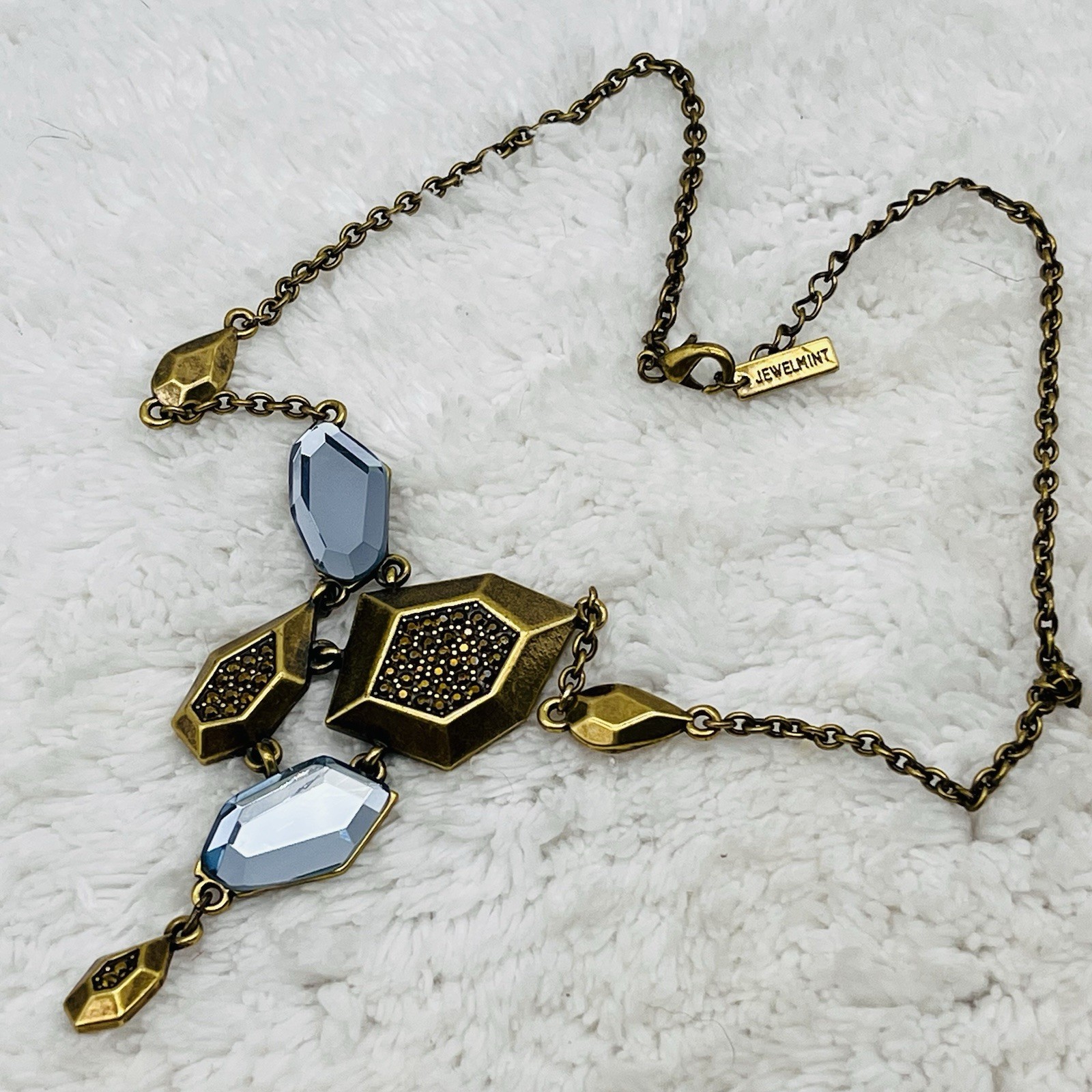 Jewelmint Blue Statement Necklace Asymmetrical Antique Gold Tone Drop Dangle