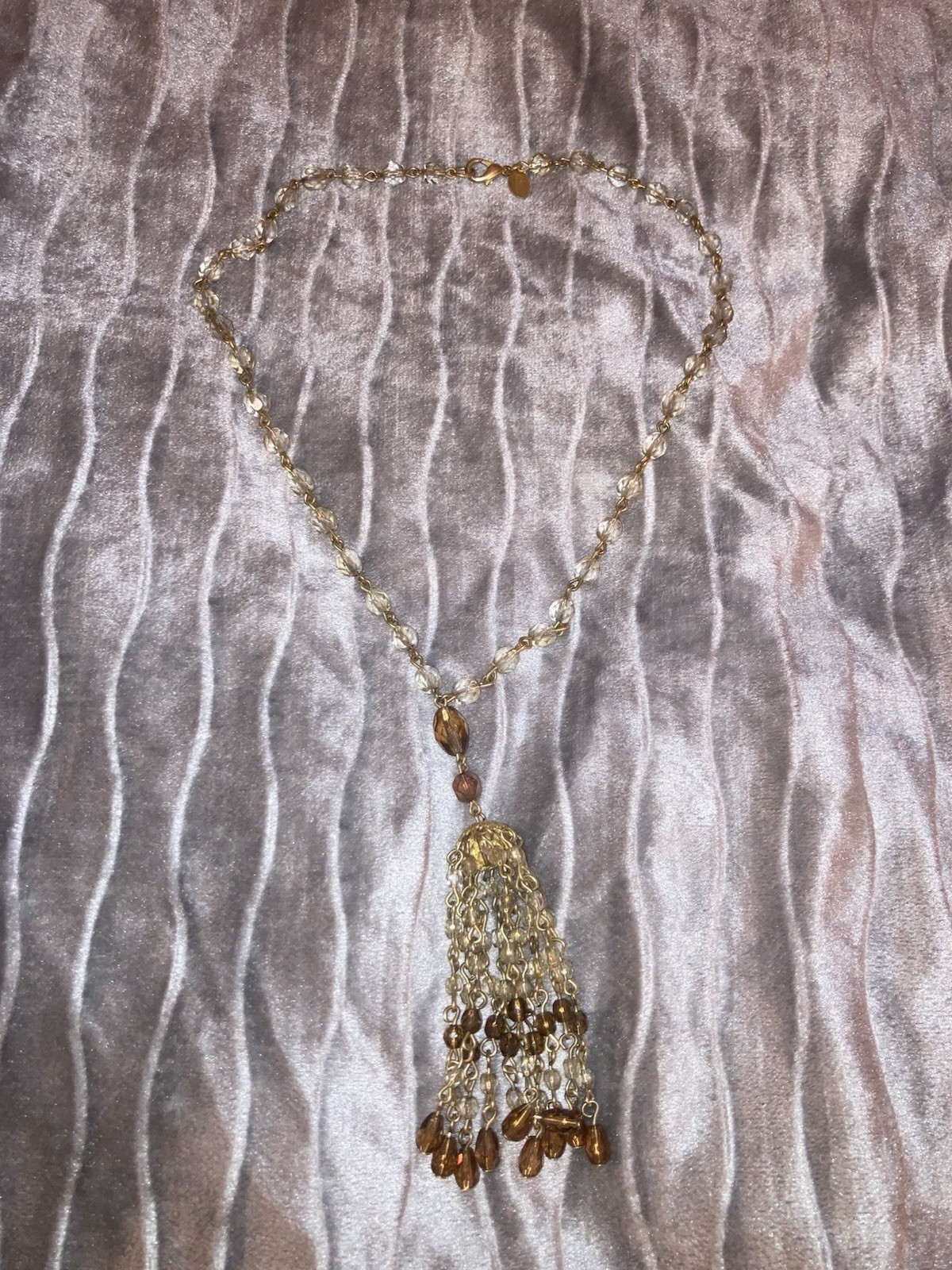 Gold Tone Beaded Chain Necklace Clear Crystal Tassel Fringe Pendant