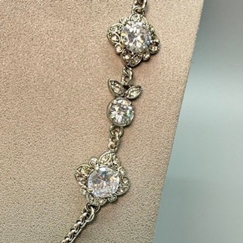 Silver Tone Asymmetrical Station Necklace 24″ Clear Rhinestone Whimsical Quality