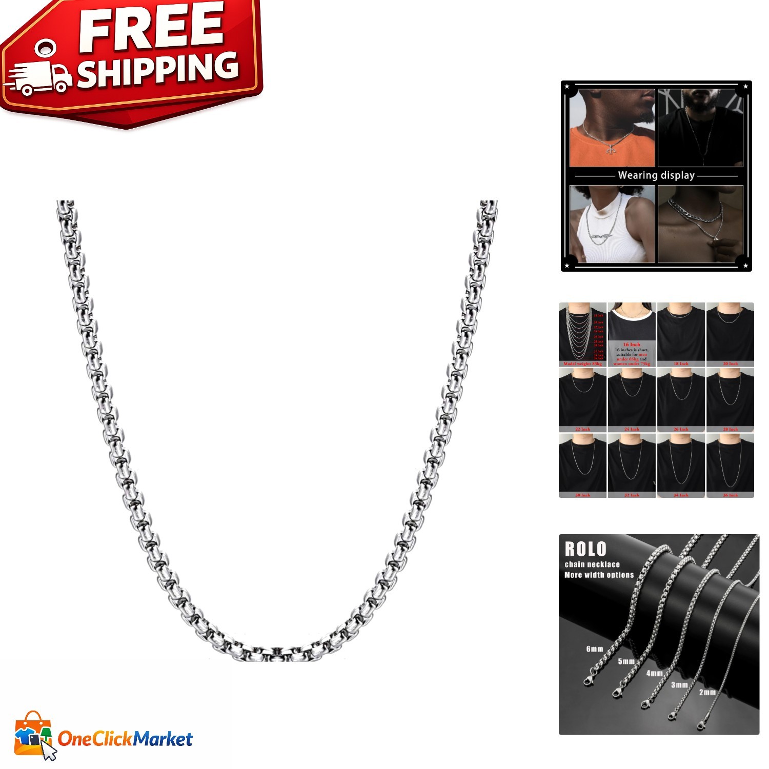 Versatile 24-Inch Rolo Chain Necklace – Secure Lobster Clasp for All Styles