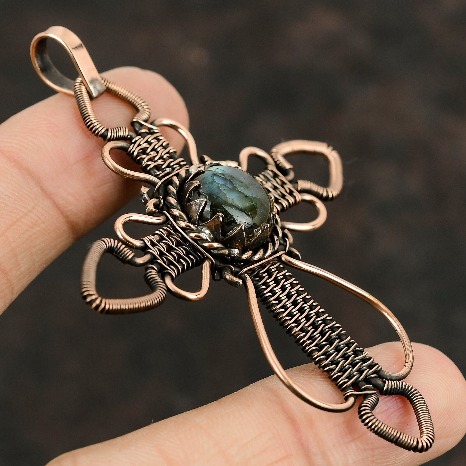 Labradorite Wire Wrapped Cross Pendant Handcrafted Copper Ethnic Gift 3.19″