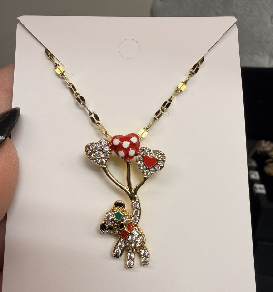 Gold Plated Pavé Clear Crystal Bear Charm Pendant Necklace Red