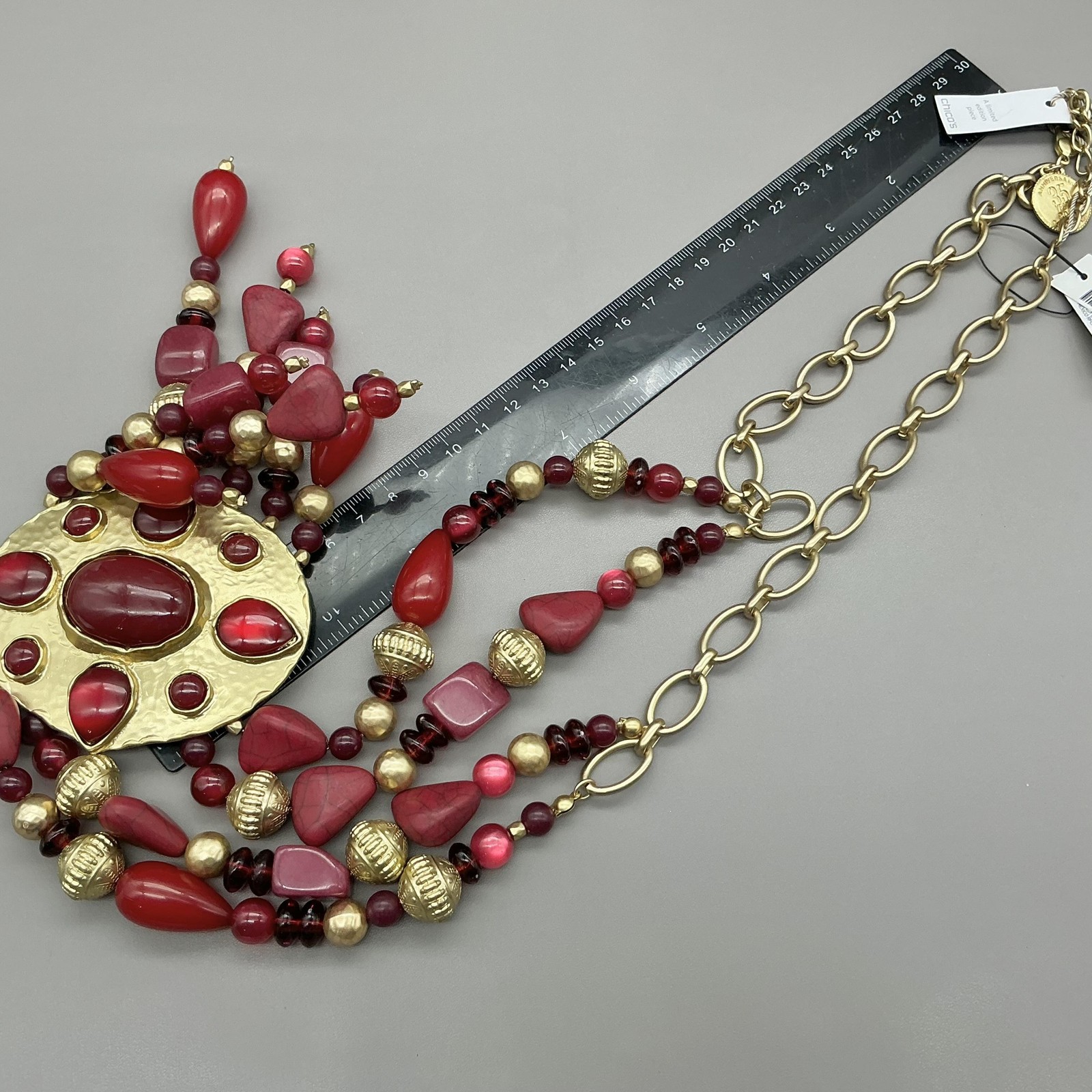 Chicos Necklace Red Beaded Statement Bib Oval Pendant Gold Tone 24 In Womens
