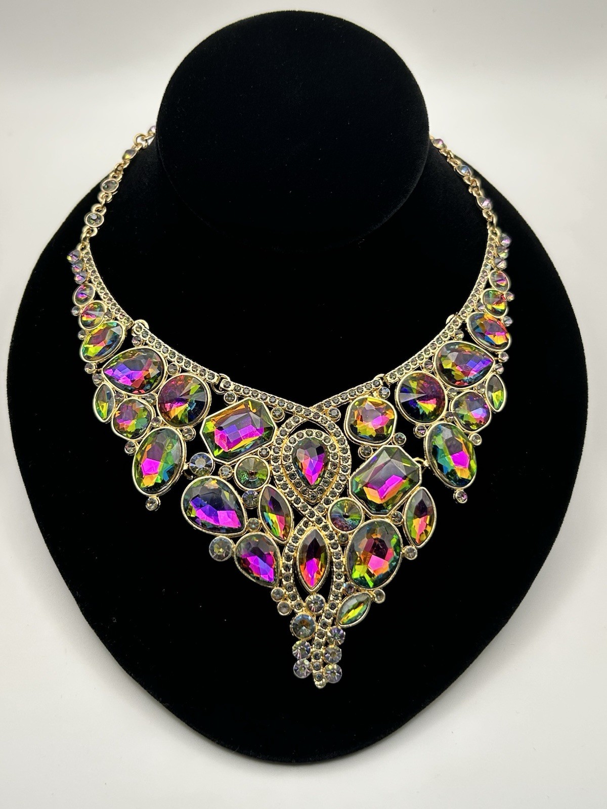Modern Asymmetrical Bib Necklace Peacock Rainbow Rhinestone Flash Statement Pink