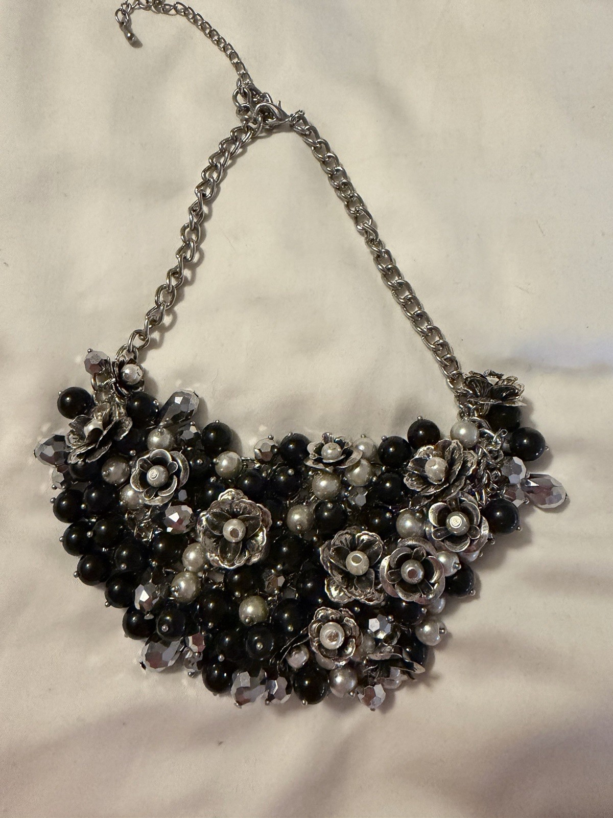 Silver-Tone Statement Bib Necklace w/ Black Beads & Clear Crystal Flowers