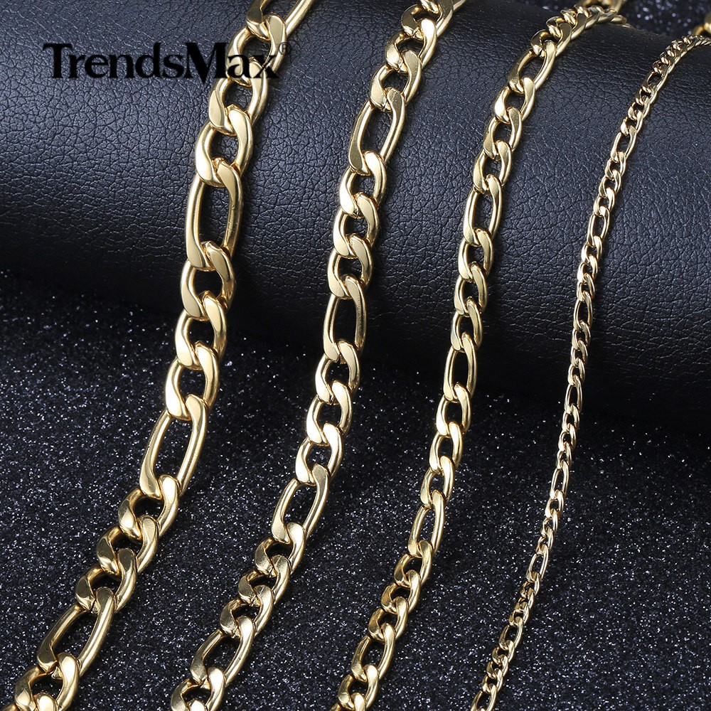 3/5/7/9mm Gold Plated Stainless Steel Figaro Chain Necklace Choker 16-30″