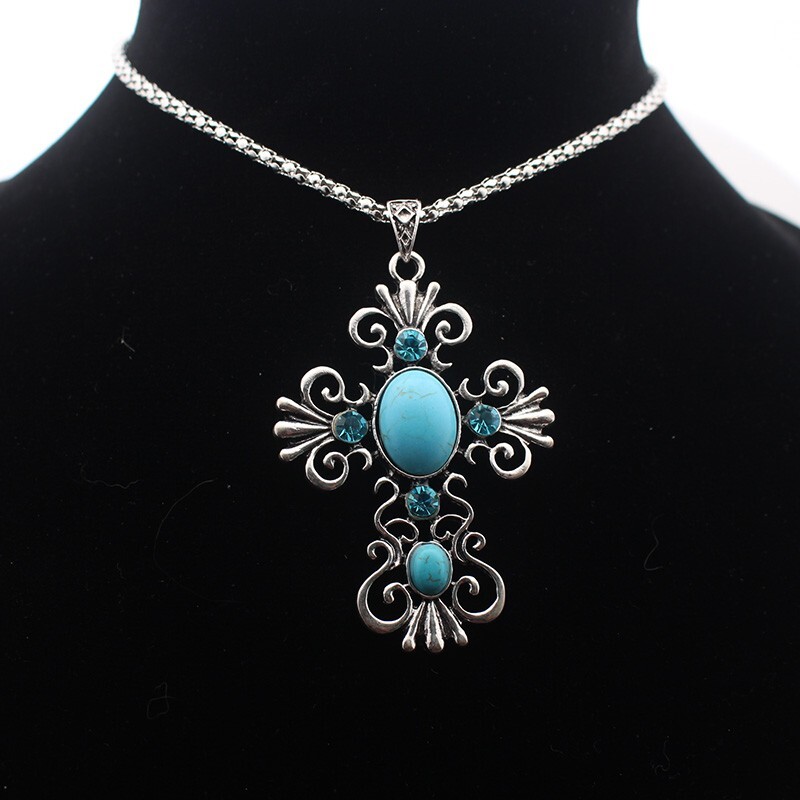 Boho Reconstructed Turquoise Magnesite Stone Cross Rhinestone Pendant 21″ Chain