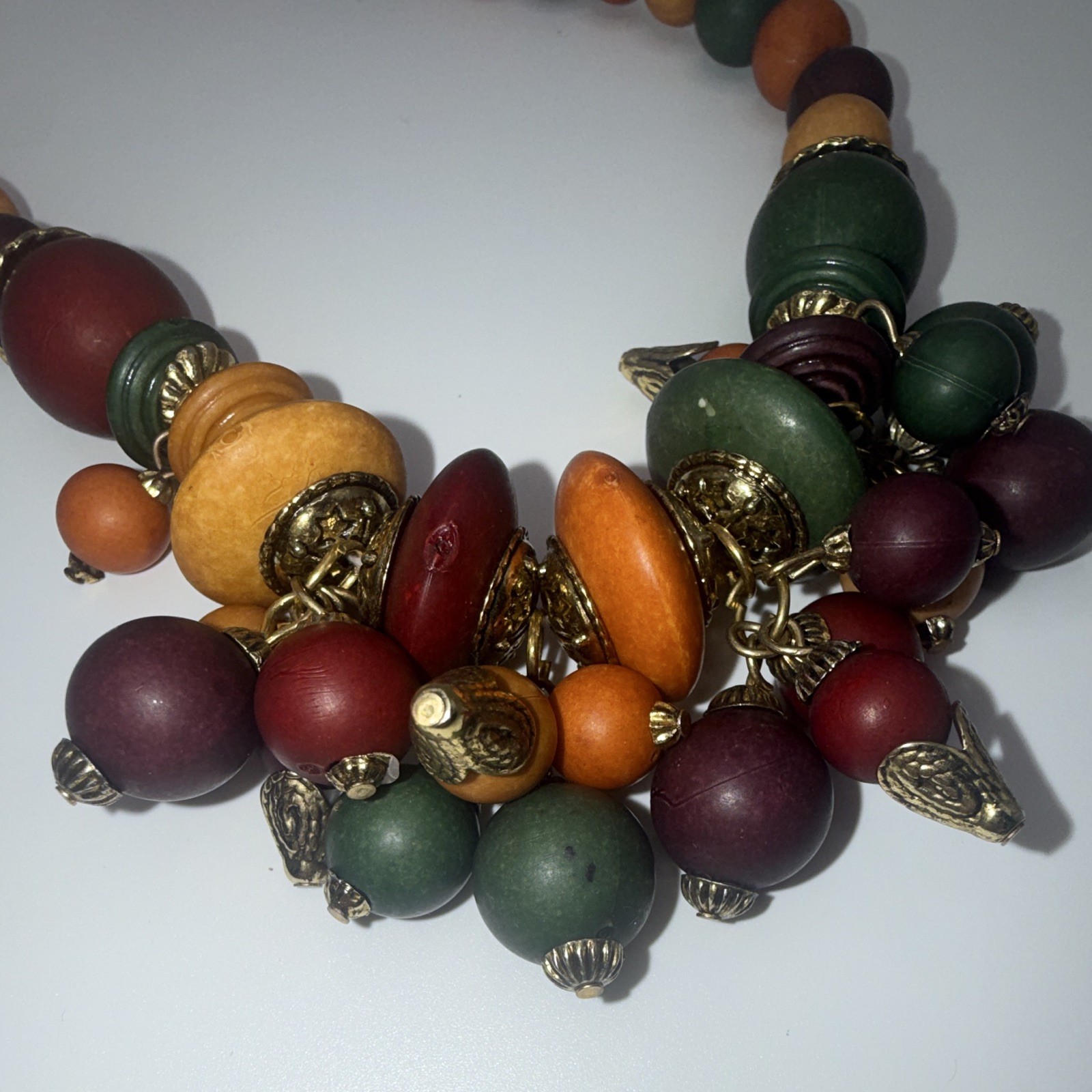 Boho Multicolor Brass Wood Beaded Statement Necklace Charm Cluster Pendant