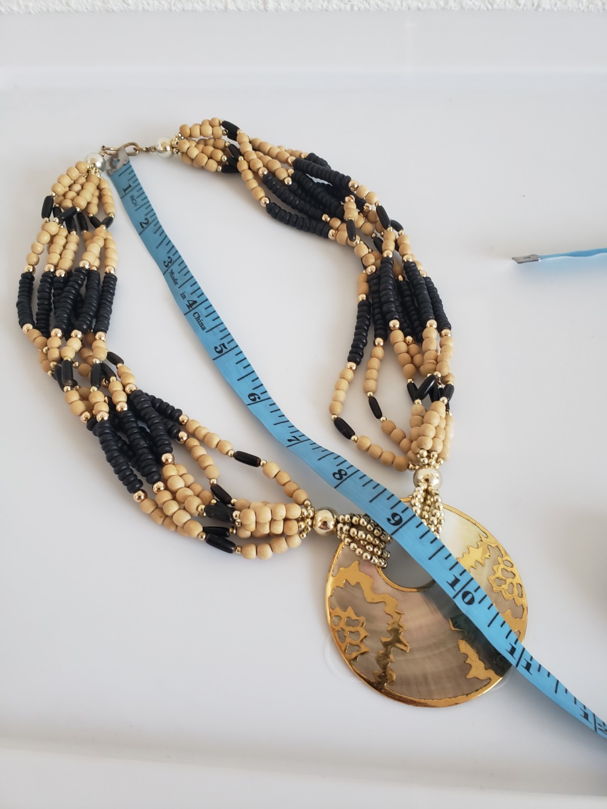 Boho Necklace Wood Plastic Metal Bead Pearl Round Pendant Made In Philippines .