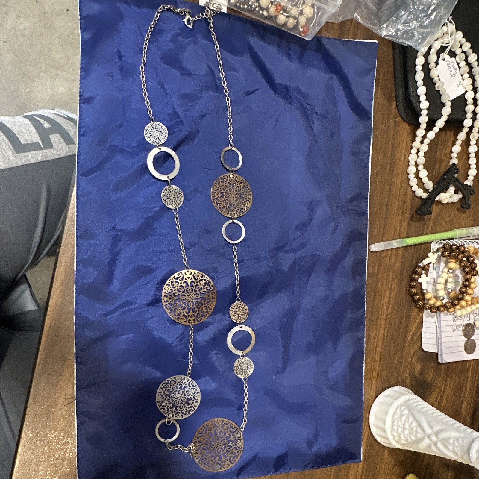 Mixed Metals Silver Gold Tone Filigree Round Disc Cable Chain Necklace Lobster