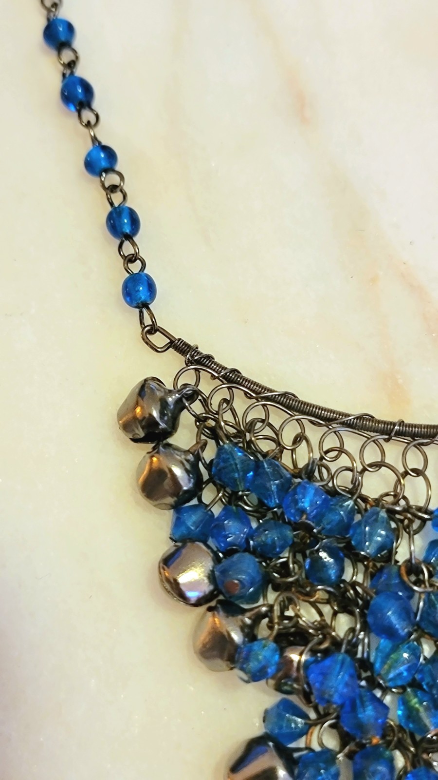 Vintage North India Banjara Bib Necklace ~ Blue Glass Bead Wire Mesh ~