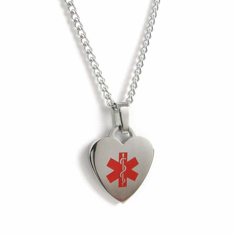 Stainless Steel Medical ID Alert Necklace Heart Pendant Chain Red Symbol 27in