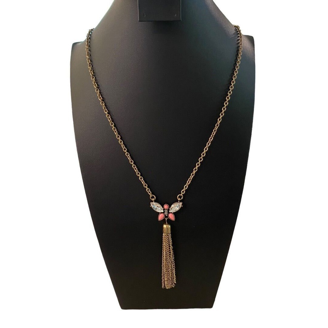 Goldtone Tassel Butterfly 31″ Necklace 3.75″ Drop Lobster Clasp