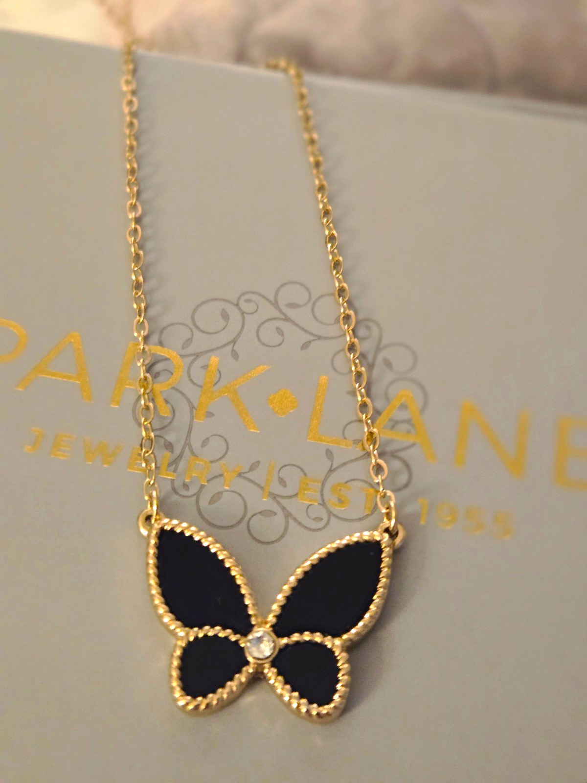 Park Lane Gold Tone Butterfly Charm Pendant Necklace Black Enamel Crystal