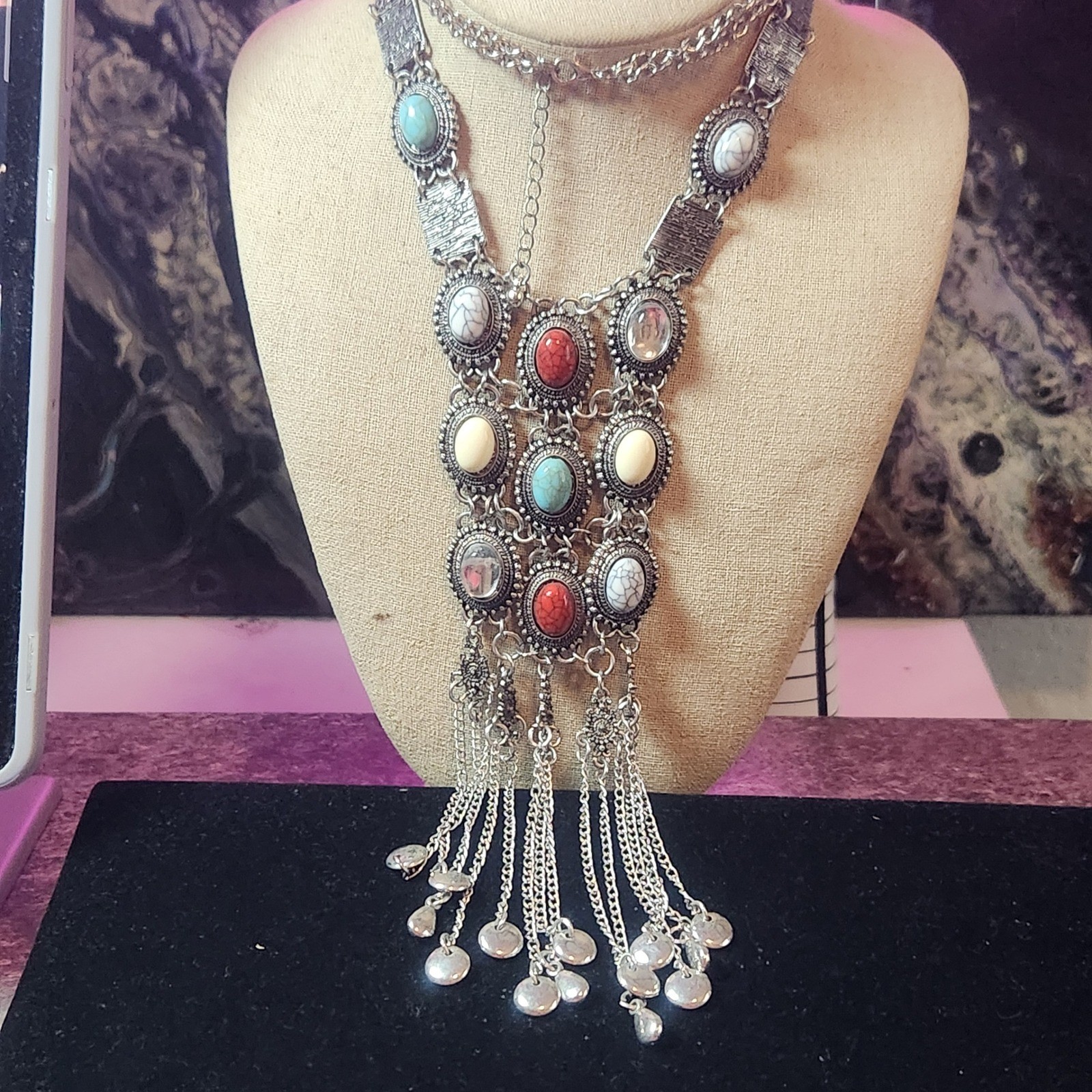 Boho Statement Bib Necklace Silver Tone acrylic multicolor Tassel Fringe